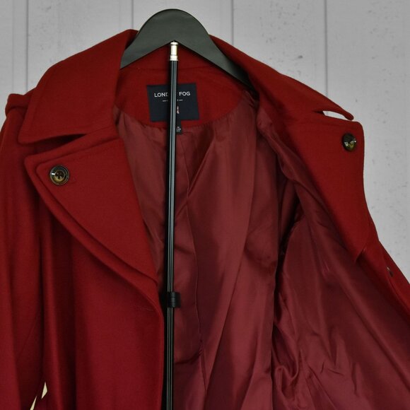 London Fog Women's Double Lapel Thigh Length Button Front Wool Coat w/Belt Red - Picture 9 of 13